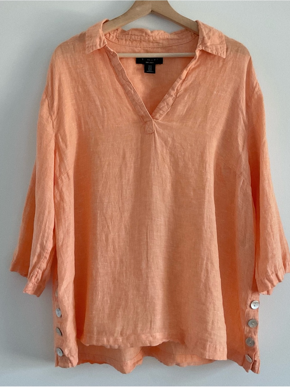 Tahari Orange 100% Linen Tunic Blouse Size 1X Orange 3/4 Sleeve Beach Coastal